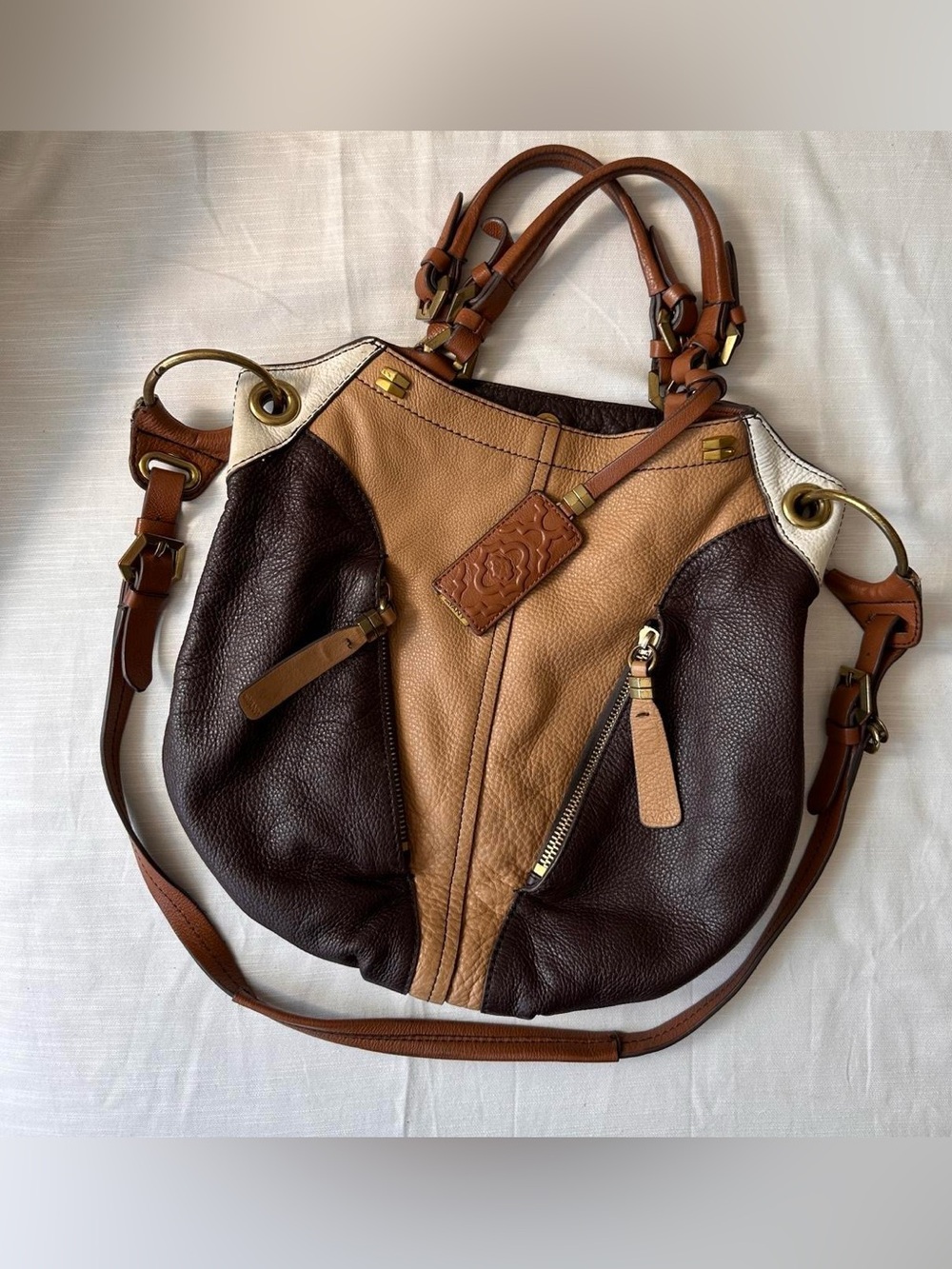 Oryany Vintage Y2K Leather “Victoria” Hobo Bag in Brown Colorblock